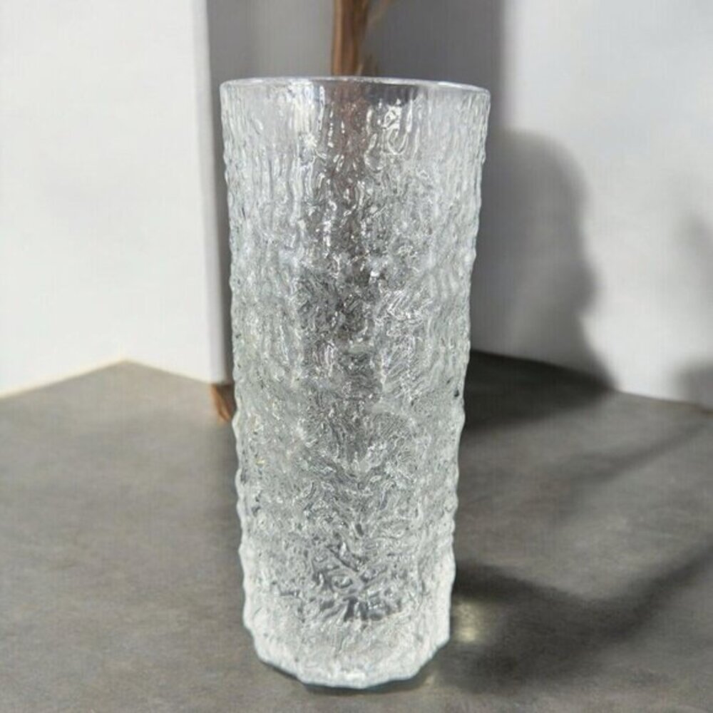 Vintage Cylinder Clear Glass Vase‎ Pebbled Ice Textured Made In Finland Vessel